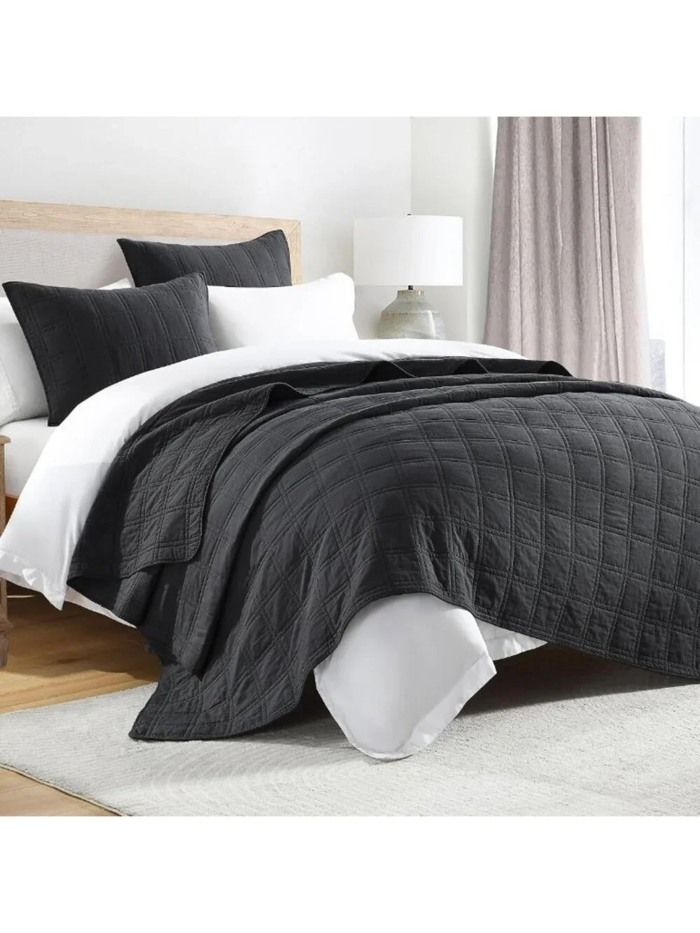 Cozy 100% Cotton Queen Quilt Set, Lightweight Charcoal Bedspread & 2 Shams